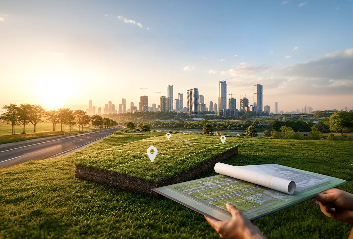 Green land parcel with a city skyline in the distance