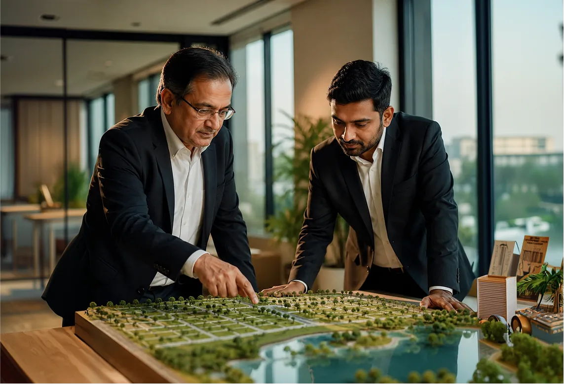 Real estate professionals reviewing a land development model